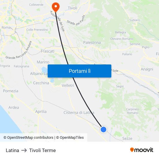 Latina to Tivoli Terme map