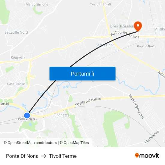 Ponte Di Nona to Tivoli Terme map