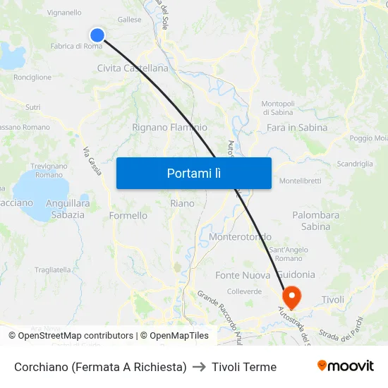 Corchiano (Fermata A Richiesta) to Tivoli Terme map