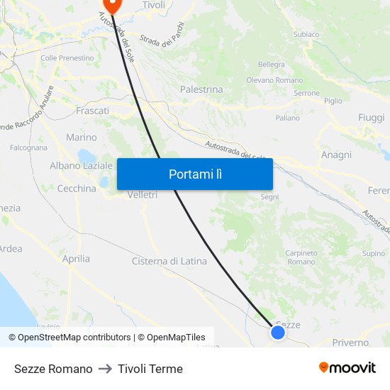 Sezze Romano to Tivoli Terme map