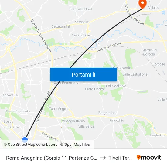 Roma Anagnina (Corsia 11 Partenze Cotral) to Tivoli Terme map