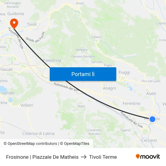 Frosinone | Piazzale De Matheis to Tivoli Terme map