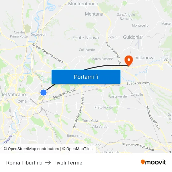 Roma Tiburtina to Tivoli Terme map