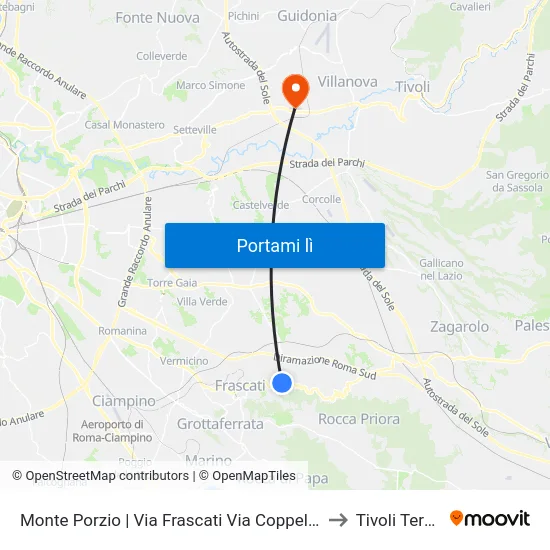 Monte Porzio | Via Frascati Via Coppellette to Tivoli Terme map