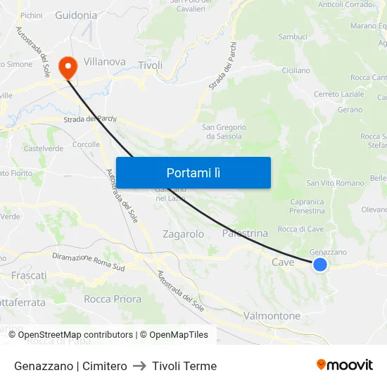Genazzano | Cimitero to Tivoli Terme map