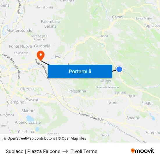 Subiaco | Piazza Falcone to Tivoli Terme map