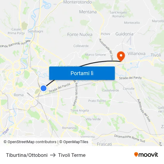 Tiburtina/Ottoboni to Tivoli Terme map