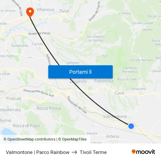 Valmontone | Parco Rainbow to Tivoli Terme map