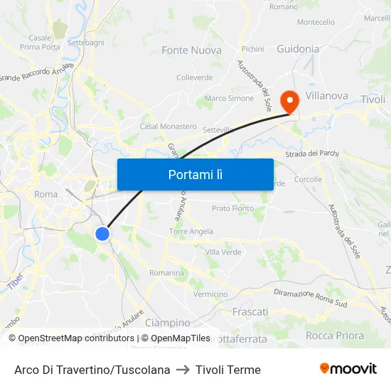 Arco Di Travertino/Tuscolana to Tivoli Terme map