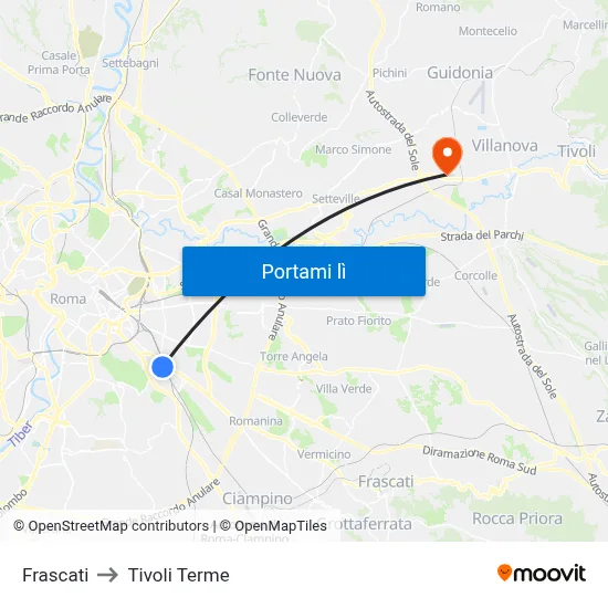 Frascati to Tivoli Terme map