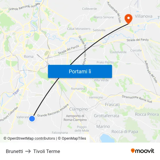 Brunetti to Tivoli Terme map
