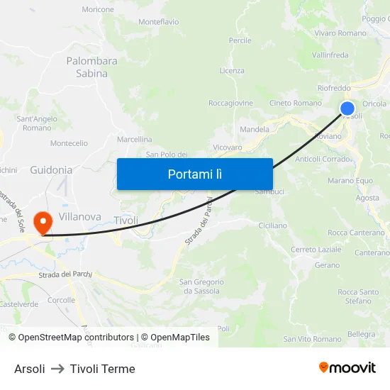Arsoli to Tivoli Terme map