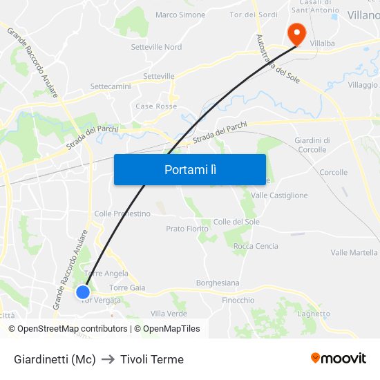 Giardinetti (Mc) to Tivoli Terme map