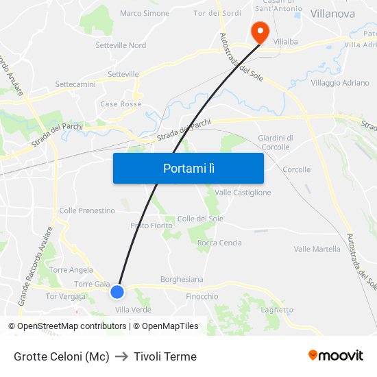 Grotte Celoni (Mc) to Tivoli Terme map