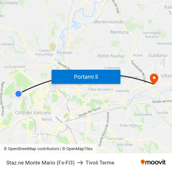 Staz.ne Monte Mario (Fs-Fl3) to Tivoli Terme map