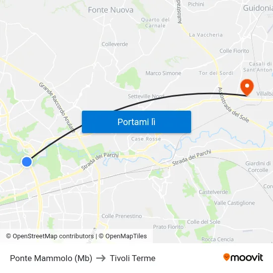 Ponte Mammolo (Mb) to Tivoli Terme map
