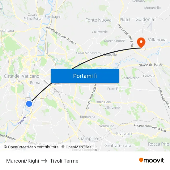 Marconi/Righi to Tivoli Terme map