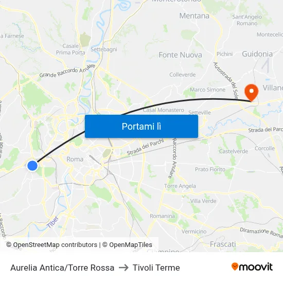 Aurelia Antica/Torre Rossa to Tivoli Terme map