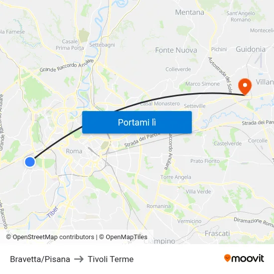 Bravetta/Pisana to Tivoli Terme map