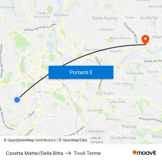Casetta Mattei/Della Bitta to Tivoli Terme map