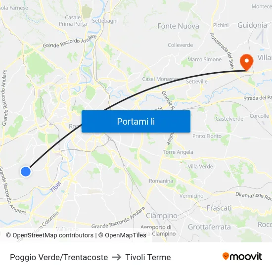 Poggio Verde/Trentacoste to Tivoli Terme map