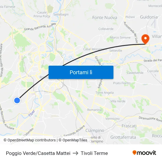 Poggio Verde/Casetta Mattei to Tivoli Terme map