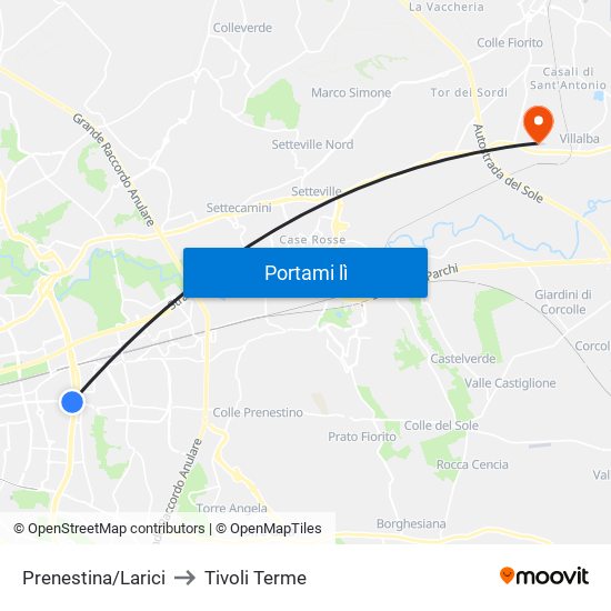 Prenestina/Larici to Tivoli Terme map