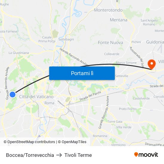 Boccea/Torrevecchia to Tivoli Terme map