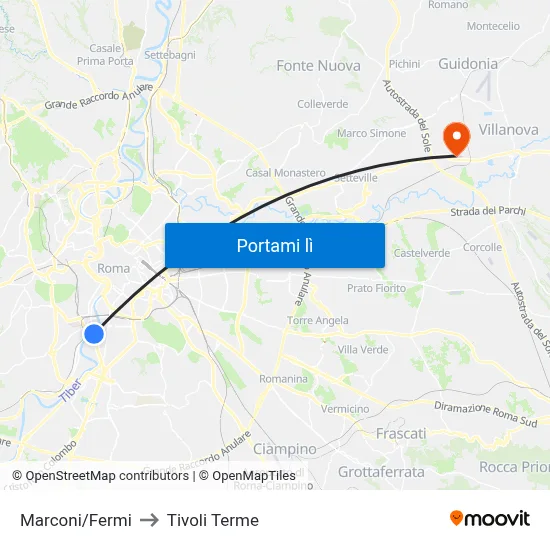 Marconi/Fermi to Tivoli Terme map