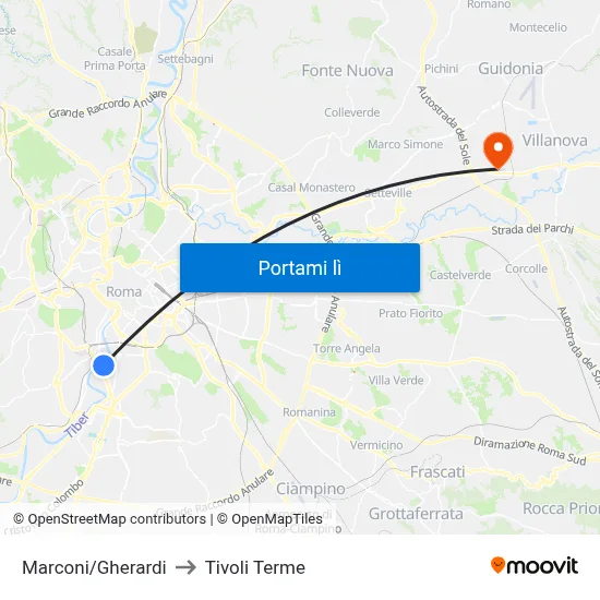 Marconi/Gherardi to Tivoli Terme map