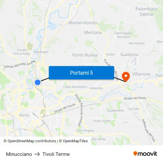 Minucciano to Tivoli Terme map