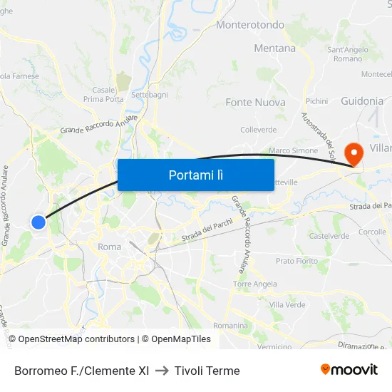 Borromeo F./Clemente XI to Tivoli Terme map