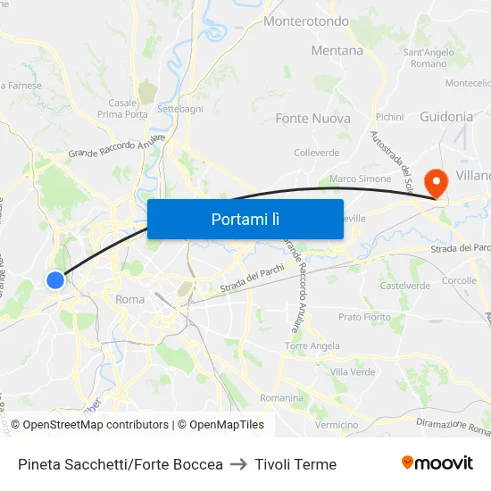 Pineta Sacchetti/Forte Boccea to Tivoli Terme map