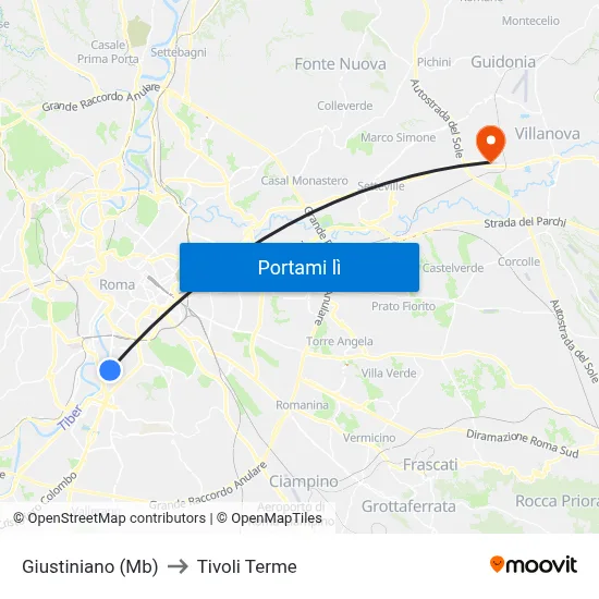 Giustiniano (Mb) to Tivoli Terme map