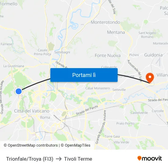 Trionfale/Troya (Fl3) to Tivoli Terme map