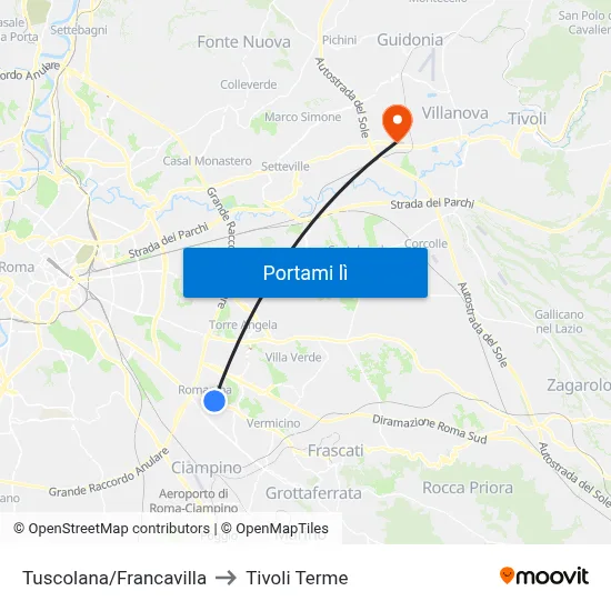 Tuscolana/Francavilla to Tivoli Terme map