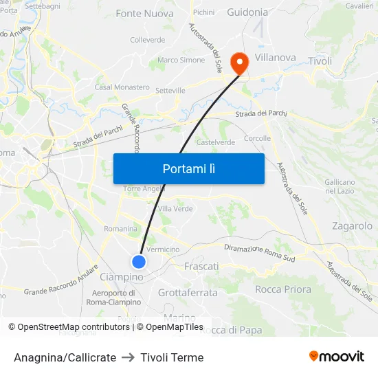 Anagnina/Callicrate to Tivoli Terme map