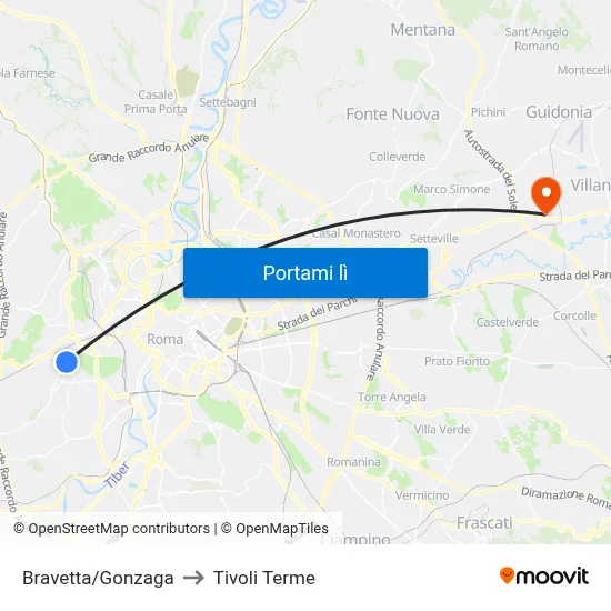 Bravetta/Gonzaga to Tivoli Terme map