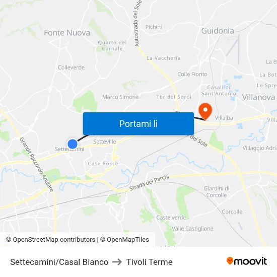 Settecamini/Casal Bianco to Tivoli Terme map