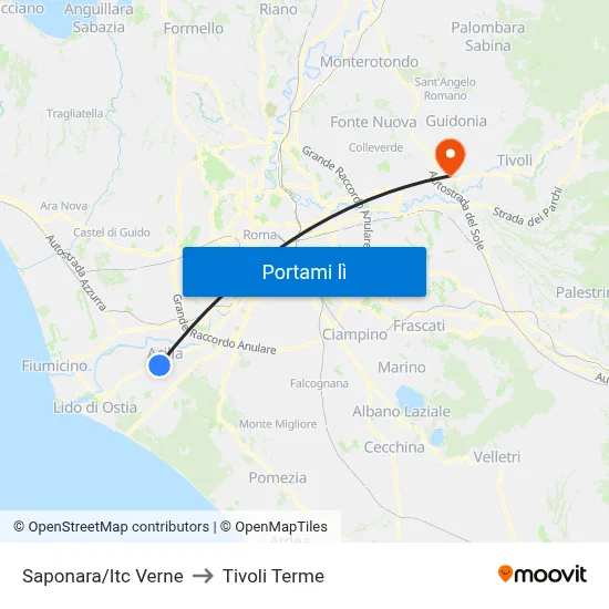 Saponara/Itc Verne to Tivoli Terme map