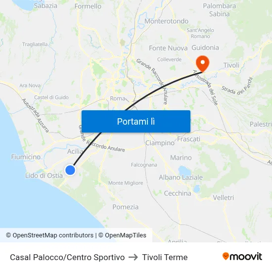 Casal Palocco/Centro Sportivo to Tivoli Terme map