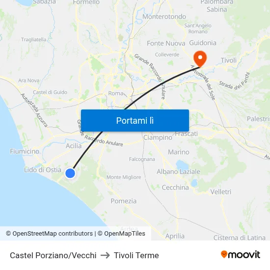 Castel Porziano/Vecchi to Tivoli Terme map