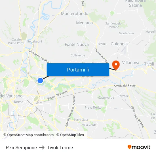 P.za Sempione to Tivoli Terme map
