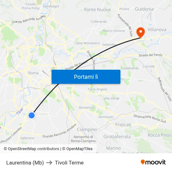 Laurentina (Mb) to Tivoli Terme map