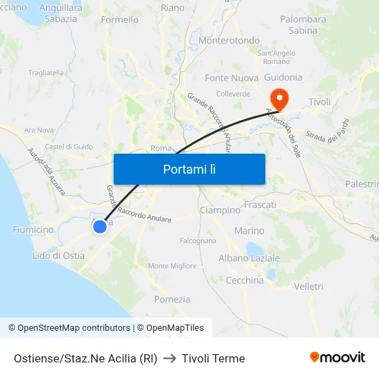 Ostiense/Staz.Ne Acilia (Rl) to Tivoli Terme map