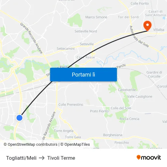Togliatti/Meli to Tivoli Terme map