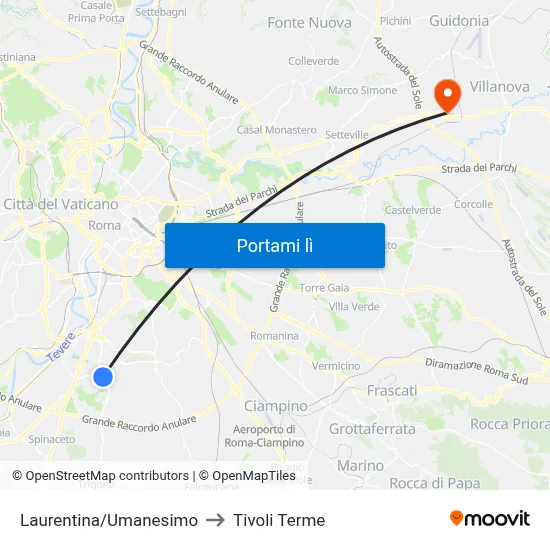 Laurentina/Umanesimo to Tivoli Terme map