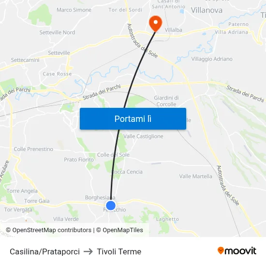 Casilina/Prataporci to Tivoli Terme map