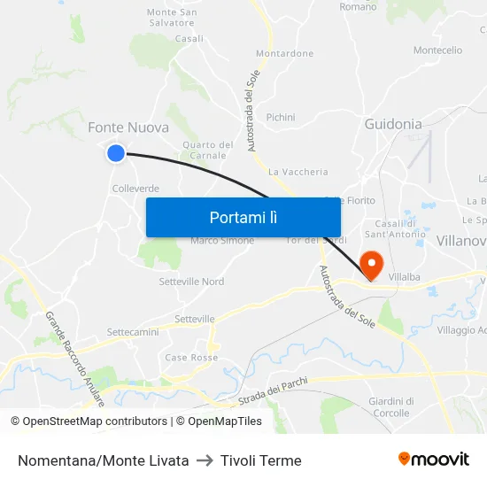 Nomentana/Monte Livata to Tivoli Terme map
