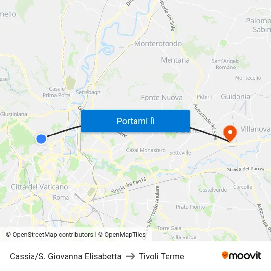 Cassia/S. Giovanna Elisabetta to Tivoli Terme map
